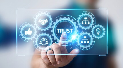 Obraz premium Young businessman touching digital interface with trust icon