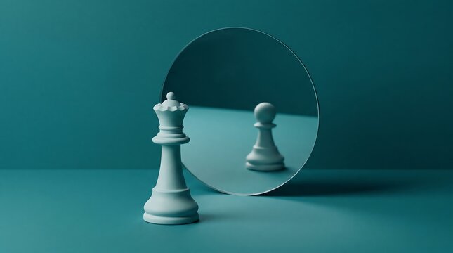 Chess queen piece reflecting as a pawn in a circular mirror on a teal background
