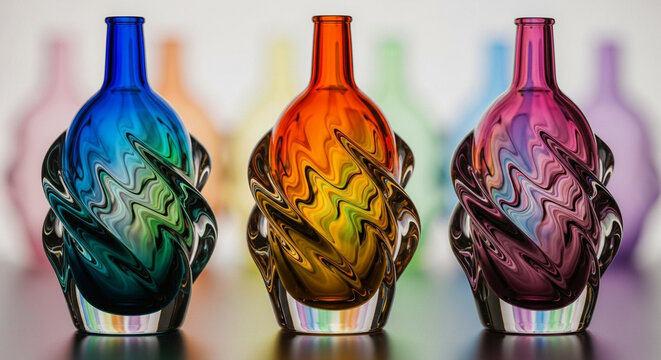 Vibrant multicolored glass vessels rest upon a glossy surface showcasing remarkable craftsmanship and artistic flair within a sophisticated interior setting during a calm afternoon exhibition