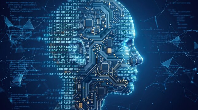 Artificial intelligence head illustration. Binary code and cyber circuit board profile. Digital technology concept for data science and machine learning.