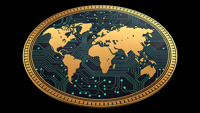 Futuristic circular world map with golden continent design and electronic circuit pattern on black background