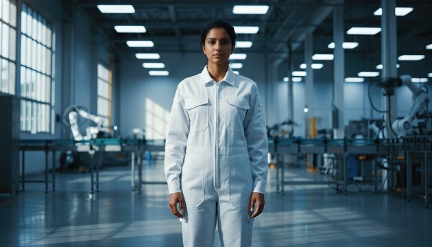 Indian woman wearing a blank white coverall standing in a modern industrial factory