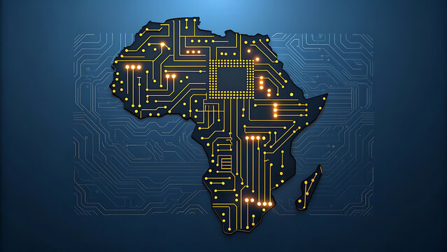 African continent map with glowing circuit board pattern and digital technology concept