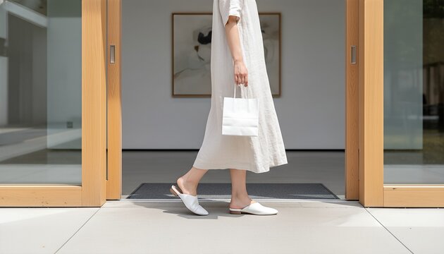Japanese woman wearing blank white mules walking near a minimalist art gallery