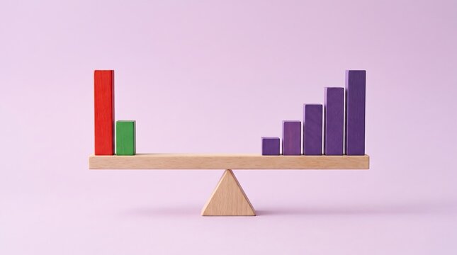 Wooden scale with colorful blocks balancing on purple background