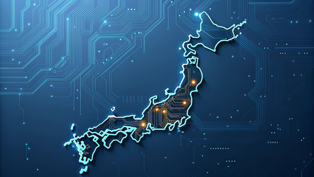 Illuminated Japan map with glowing city lights and circuit pattern creating futuristic digital network concept
