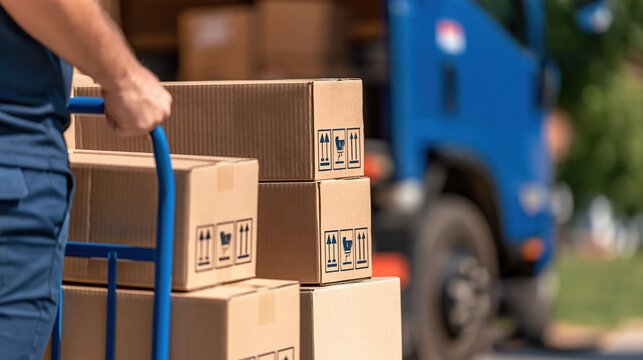 Delivery driver loading packages onto a truck using a hand truck for efficient logistics and shipping services