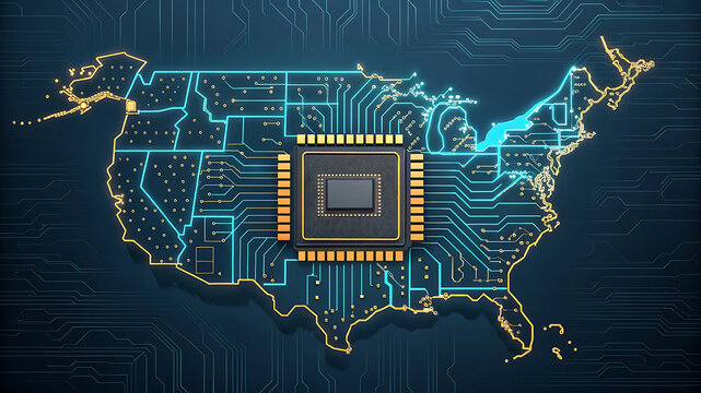 Technologically reconstructed map of north America with microchip and circuit board pattern