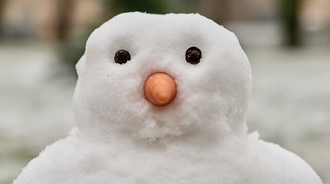 Close up of a cheerful snowman with dark eyes and a carrot nose, ready for winter fun