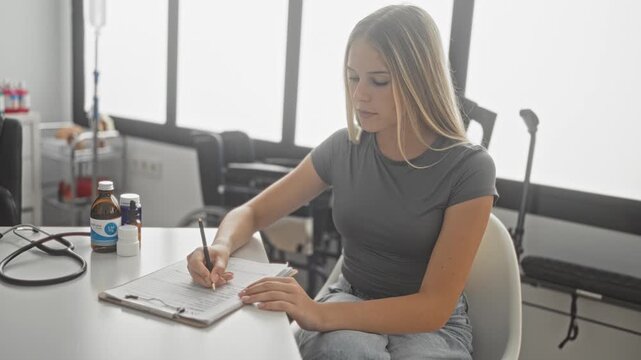 Woman signing a medical consent form with pen and clipboard at a clinic building table beside stethoscope and medicine bottles; calm focus.