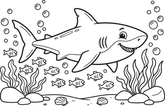 Smiling Shark Underwater Scene for Kids Coloring Book