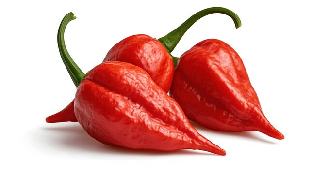 Vibrant Red Ghost Peppers with Curved Green Stems Isolated on White Background