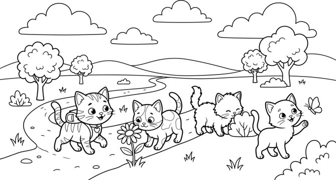 Cute Kittens Playing Outdoors in Countryside Scene for Coloring Book