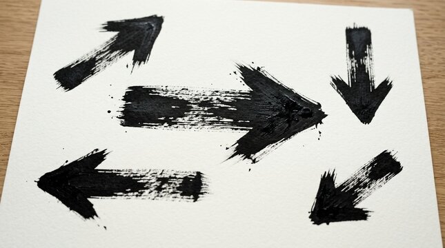 Black ink brush stroke arrows on white paper, direction symbols, creative design