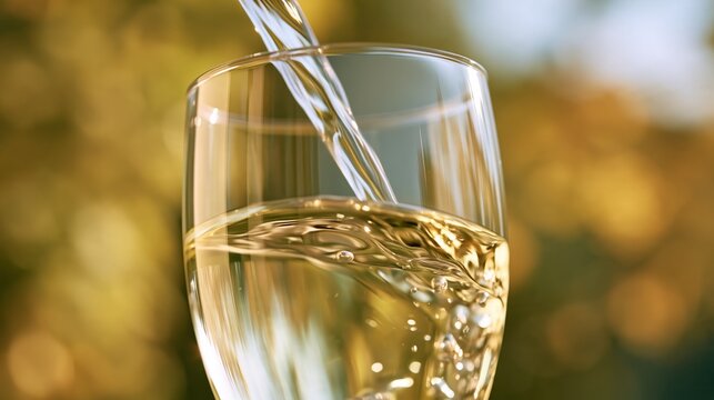 Clear golden liquid being poured into a glass, creating ripples and bubbles, with a soft bokeh background