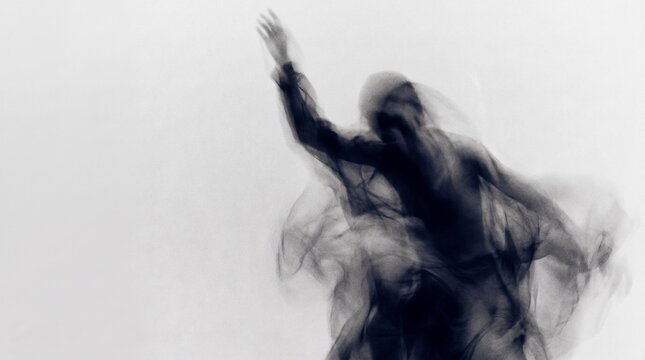 A blurred, dark figure with an arm raised, captured in dynamic motion against a light, ethereal background, conveying a sense of abstract movement and emotional expression.