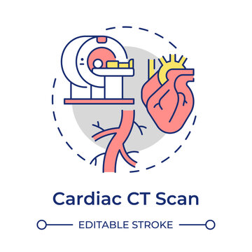Cardiac ct scan flat linear concept icon. Tech driven healthcare solutions. Clinical screening method. Heart wellness. Isolated colorful illustration inside dashed circular frame. Round composition