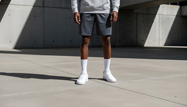 Man wearing blank white crew socks on a sleek concrete basketball court