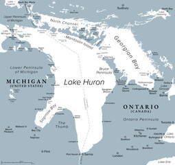 Obraz premium Lake Huron, one of the five Great Lakes in North America, gray political map. Third-largest freshwater lake in the world, shared by Canadian province of Ontario, and U.S. state Michigan, Ohio. Vector