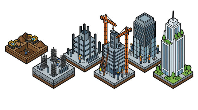 Clean Isometric of Skyscraper Construction Process from Foundation to Completion with Workers and Equipment