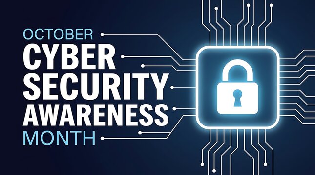 October cyber security awareness campaign graphic displaying white text on dark background alongside circuit patterns connecting to glowing central lock symbol.