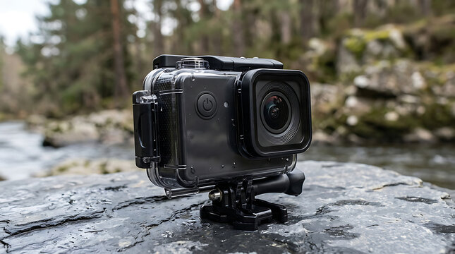 Waterproof action camera mounted on a wet rock next to a flowing river stream in the forest with waterproof photography technology adventure environment