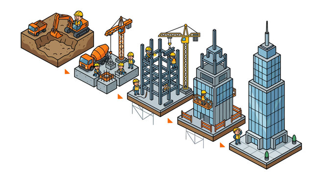 Dynamic Isometric of Skyscraper Construction Process from Foundation to Completion with Workers and Machinery