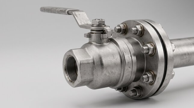 Stainless steel ball valve with flanged pipe connection assembly.