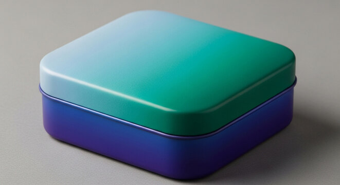 A vibrant square metal container featuring a striking gradient of blue, green, and purple hues rests on a neutral surface, highlighting contemporary packaging design aesthetics for various goods