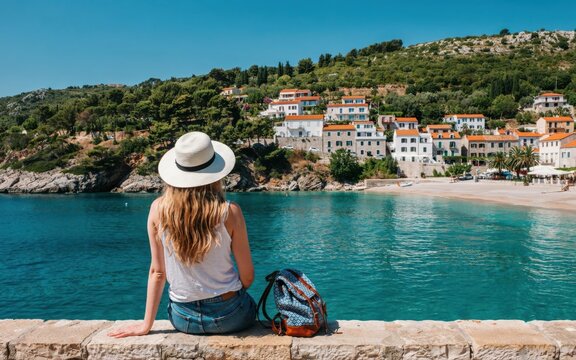Woman looking at a coastal town