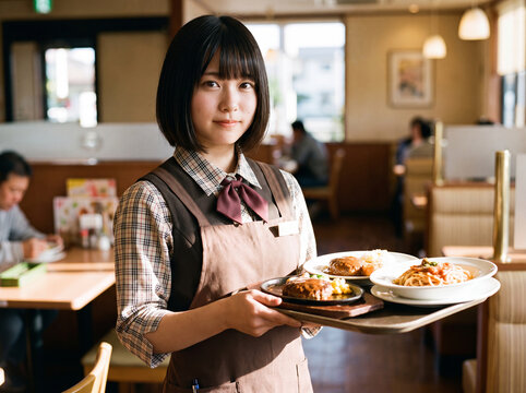 笑顔で料理を運ぶファミリーレストランの女性店員