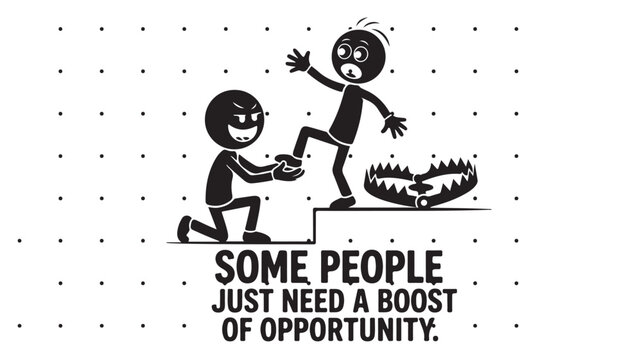 Cynical business metaphor vector, stick figure character pushing colleague into a bear trap, dark humor concept of fake opportunity and betrayal