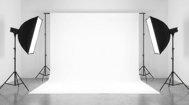 Professional photo studio setup with white seamless backdrop and softbox lights.