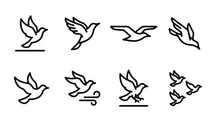 Fototapeta premium Collection of Flying Dove Icons: A graphic set showcasing various line art illustrations of doves in flight, symbolizing peace, freedom, and movement.