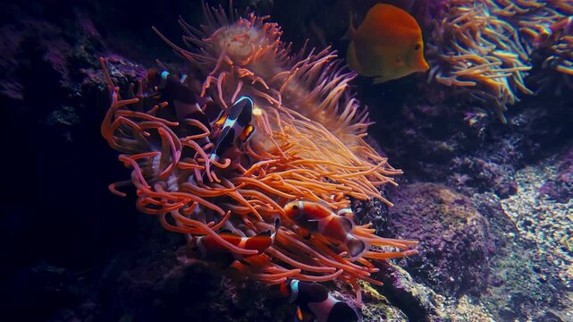 4K Video of colorful reef fish swimming among coral and sea anemones in tropical underwater surroundings.