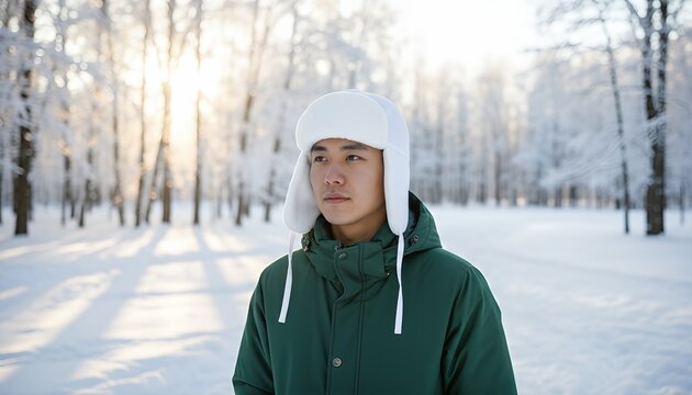 Young east asian man wearing a blank white trapper hat in a snowy forest