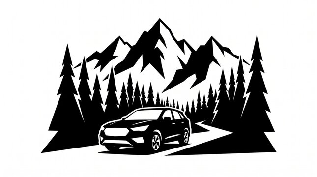 Mountain road with car silhouette and mountain peaks. Mountain landscape. 