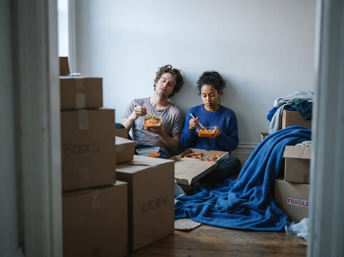 Young couple taking a meal break while surrounded by moving boxes in a new home, highlighting relocation, unpacking, fatigue, and everyday domestic transition.