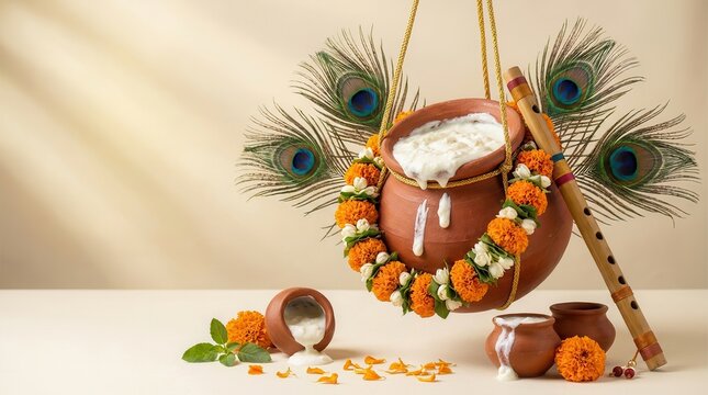 Krishna Janmashtami celebration background featuring hanging dahi handi with peacock feathers and marigold flowers.