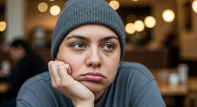 Bored customer looking thoughtfully ahead in coffee shop, wearing gray beanie and casual clothing. Facial expression conveys feeling of boredom and disinterest during quiet moment.