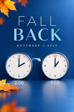 Fall Back Daylight Saving Time end concept. Two clocks turning back one hour with autumn leaves on a blue background