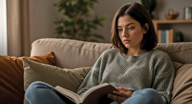 Bored reader sitting on couch with book in cozy living room. Bored reader appears lost in thought, surrounded by soft cushions and warm light.
