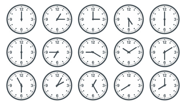 Minimalist wall clock icon set, 15 vector clock faces showing different times, black and white analog clock collection for schedule and deadline concepts