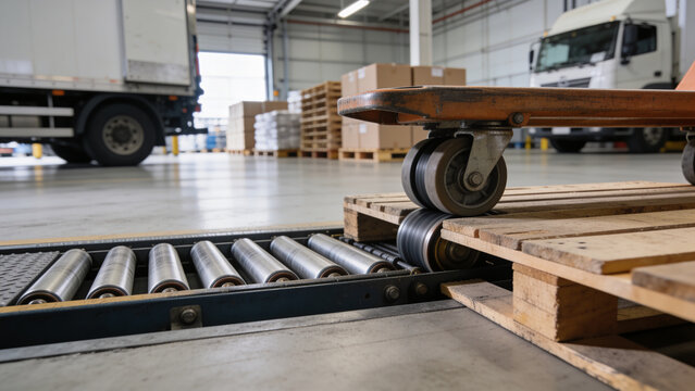 Pallet jack wheel engaging a wooden pallet on a roller conveyor in a warehouse loading area, illustrating material handling, shipping and logistics operations.