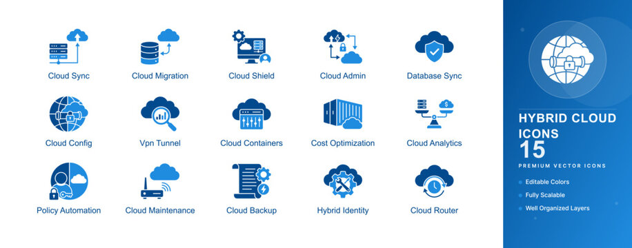 Hybrid cloud management icon set migration server network infrastructure administration sync storage multicloud vector flat isolated
