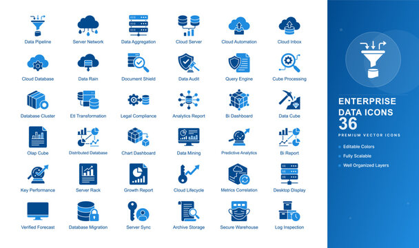 Enterprise data warehouse icon set database storage server etl olap analytics computing big vector flat isolated