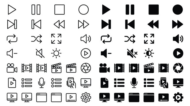 Media player icons set containing various playback controls is arranged neatly in black and white grids.