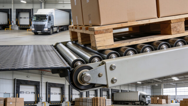 Pallet stacked with cardboard boxes moving on a roller conveyor inside a bright warehouse loading area with delivery trucks visible in the background.
