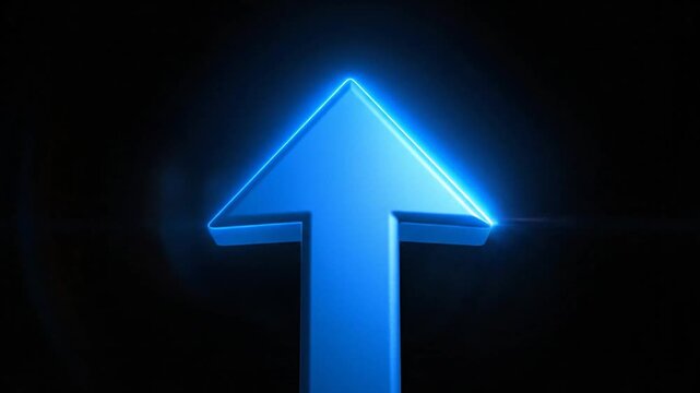 Bright blue three-dimensional arrow pointing upwards on black background