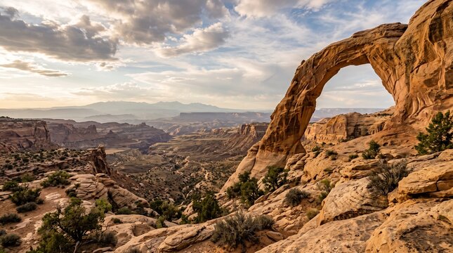 Natural stone arch in a mountain valley with dramatic rock formations